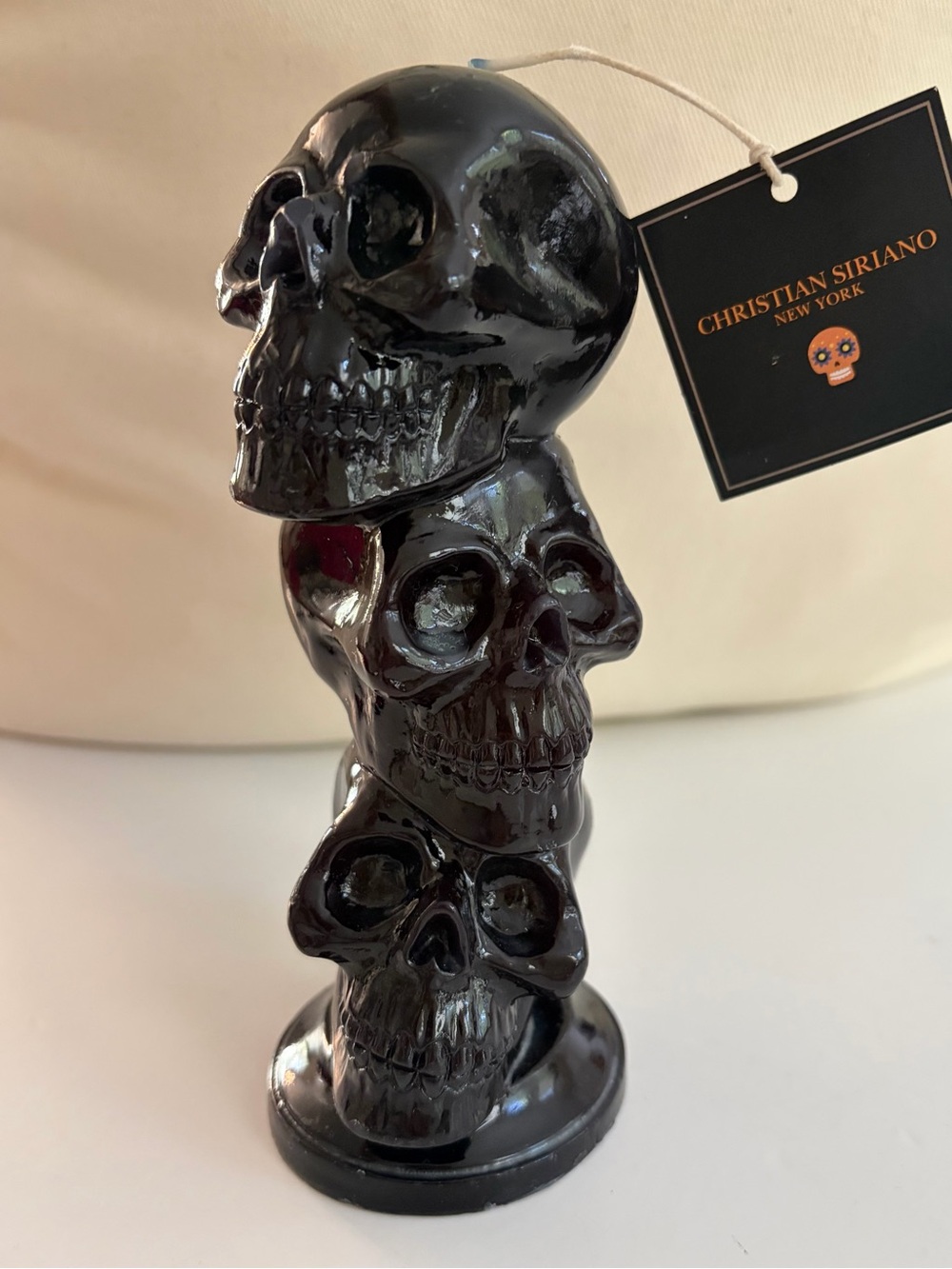 Christian Siriano Halloween Black Stacked Skulls Goth Pillar Candle, New
